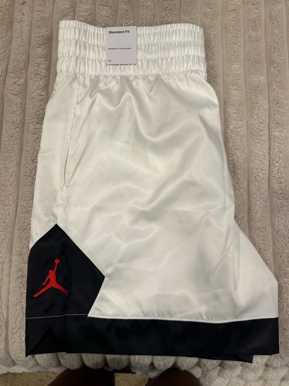 Jordan White & Black Bulls Men's Basketball Shorts with Red Logos